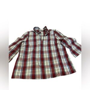 CROWN & IVY Women's Plaid Ruffle Collar Blouse size Large Plaid 100% cotton
